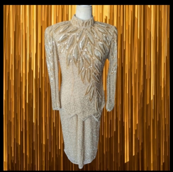 Vintage Dresses & Skirts - Vtg Designer He-Ro Beaded  Sequined champagne Silk Old Money 2-Piece Set sz 2